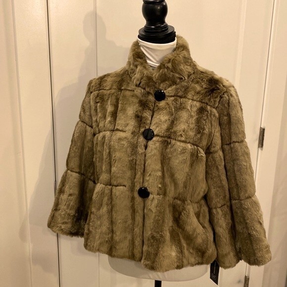 INC Swing coat NWT 3/4 sleeve faux fur by International Concept Brown Size Large - Picture 3 of 15